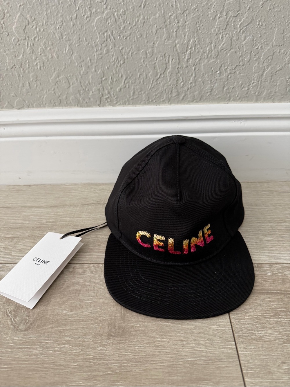 Celine Black adult sequin Hat with Rainbow Embroidered Logo SnapBack